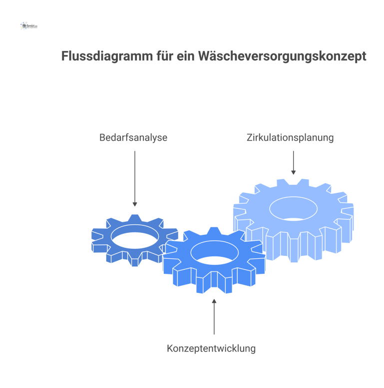 Ein klares Flussdiagramm visualisiert ein Wäscheversorgungskonzept in drei Phasen: Bedarfsanalyse, Konzeptentwicklung und abschließende Zirkulationsplanung.