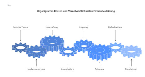 Organigramm über die Kosten und Verantwortlichkeiten für Firmenbekleidung, das die Zuständigkeiten von Einkauf, Facility Management und weiteren Abteilungen aufzeigt. 