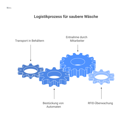 Infografik-Flussdiagramm des Logistikprozesses für saubere Wäsche, vom Transport über die Bestückung der Ausgabeautomaten bis zur Entnahme durch Mitarbeiter. 