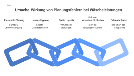 Ursache-Wirkungs-Diagramm zu Planungsfehlern bei Wäscheleistungen, das Ursachen wie pauschale Planung oder unklare Hygiene mit Wirkungen wie Unterversorgung verbindet.