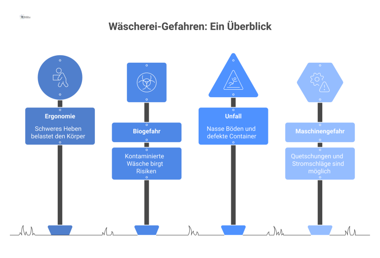 Infografik zu Gefahren in der Wäscherei: Eine zentrale Waschmaschine ist umgeben von Piktogrammen für Ergonomie, Biogefahr, Unfall und Maschinengefahr. 